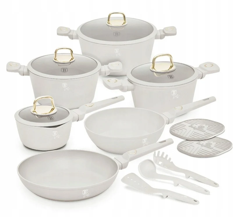 Ensemble de Casseroles BerlingerHaus 11 Pièces Crème Mat - Casseroles ø 16, 20, 24, 28 cm & Poêles ø 24, 28 cm - Tous Feux Dont Induction