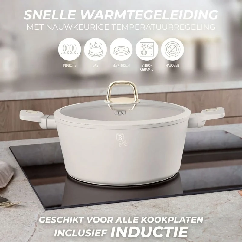 Ensemble de Casseroles BerlingerHaus 11 Pièces Crème Mat - Casseroles ø 16, 20, 24, 28 cm & Poêles ø 24, 28 cm - Tous Feux Dont Induction