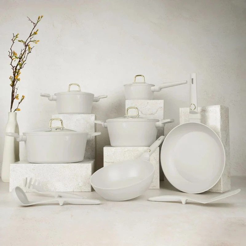 Ensemble de Casseroles BerlingerHaus 11 Pièces Crème Mat - Casseroles ø 16, 20, 24, 28 cm & Poêles ø 24, 28 cm - Tous Feux Dont Induction
