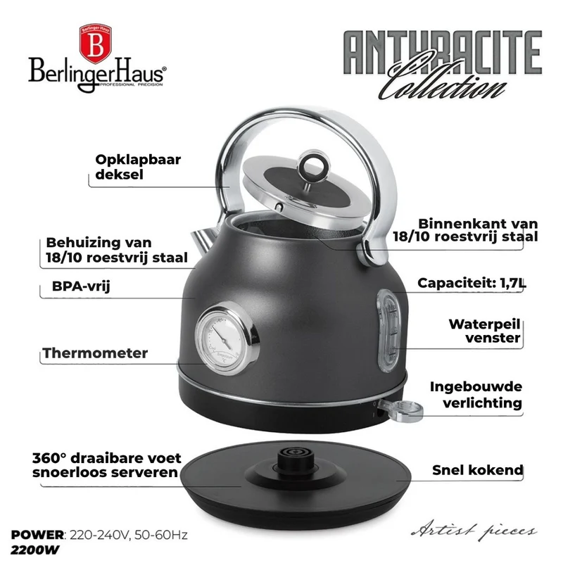 Bouilloire Électrique BerlingerHaus Mat Anthracite - avec Thermomètre - 1,7 L - 2200W