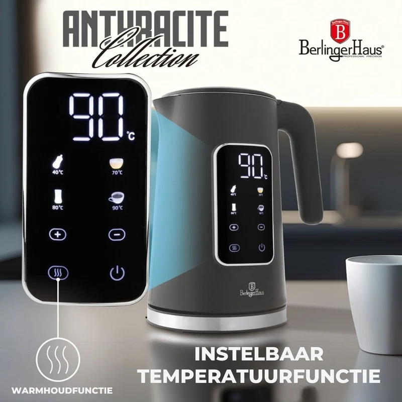 Bouilloire Électrique Numérique BerlingerHaus Mat Anthracite - Réglage de température - 1,7 litre - 2200W