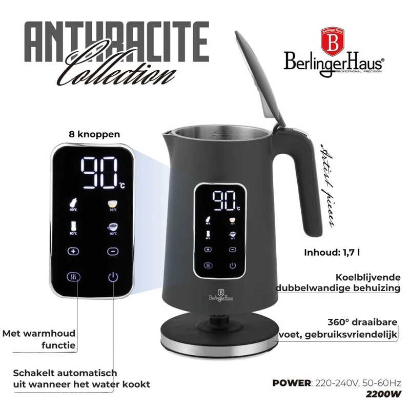 Bouilloire Électrique Numérique BerlingerHaus Mat Anthracite - Réglage de température - 1,7 litre - 2200W