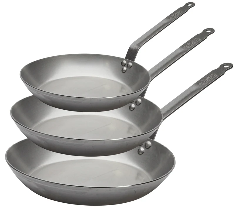 Ensemble de poêles De Buyer Lyonnaise Carbone Plus 3 pièces - Acier au carbone - ø 20, 24 & 28 cm - sans revêtement antiadhésif