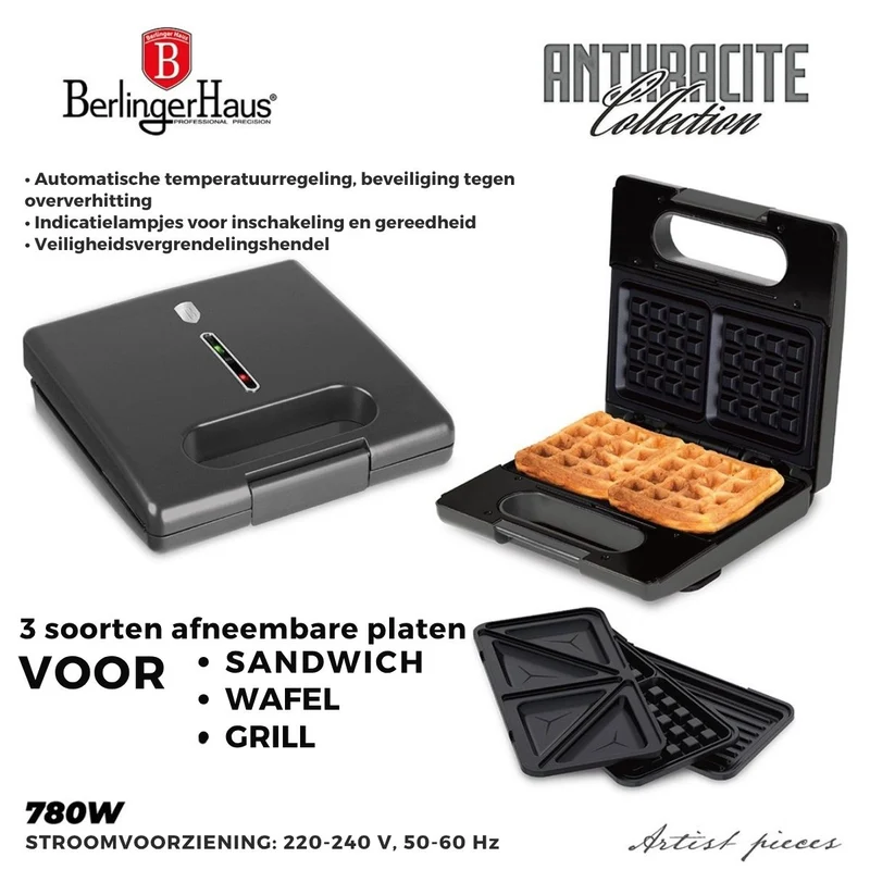 Appareil Croque-Monsieur BerlingerHaus 3-en-1 Anthracite Mat - Plaques Amovibles - Gaufre & Gril - 780W