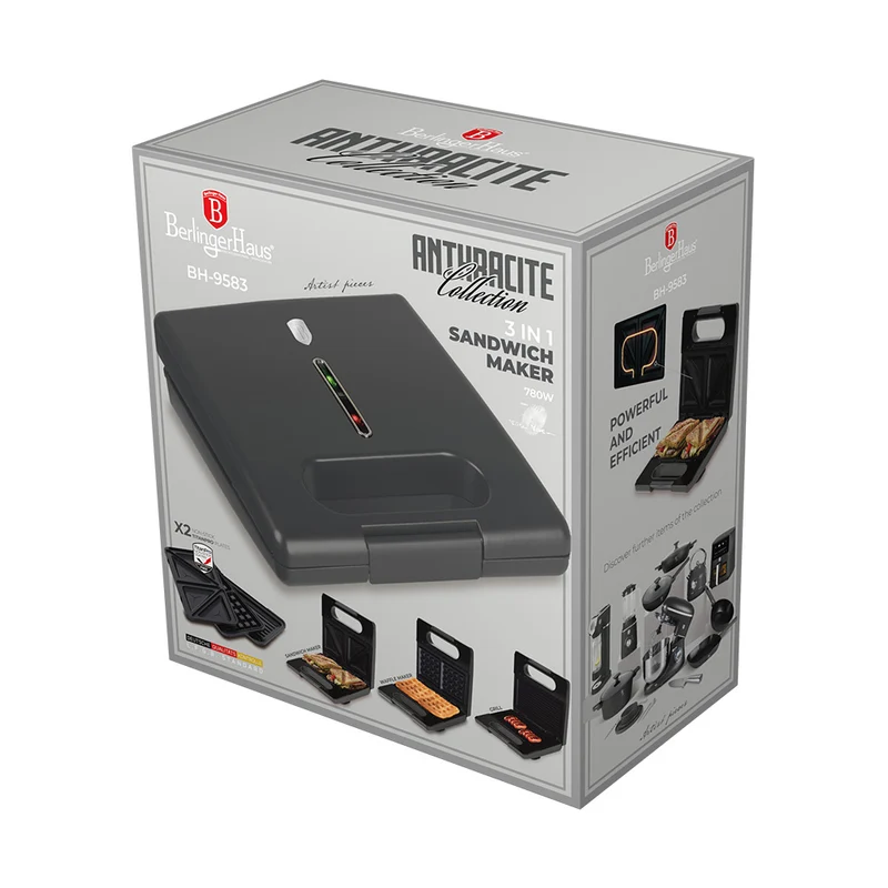 Appareil Croque-Monsieur BerlingerHaus 3-en-1 Anthracite Mat - Plaques Amovibles - Gaufre & Gril - 780W