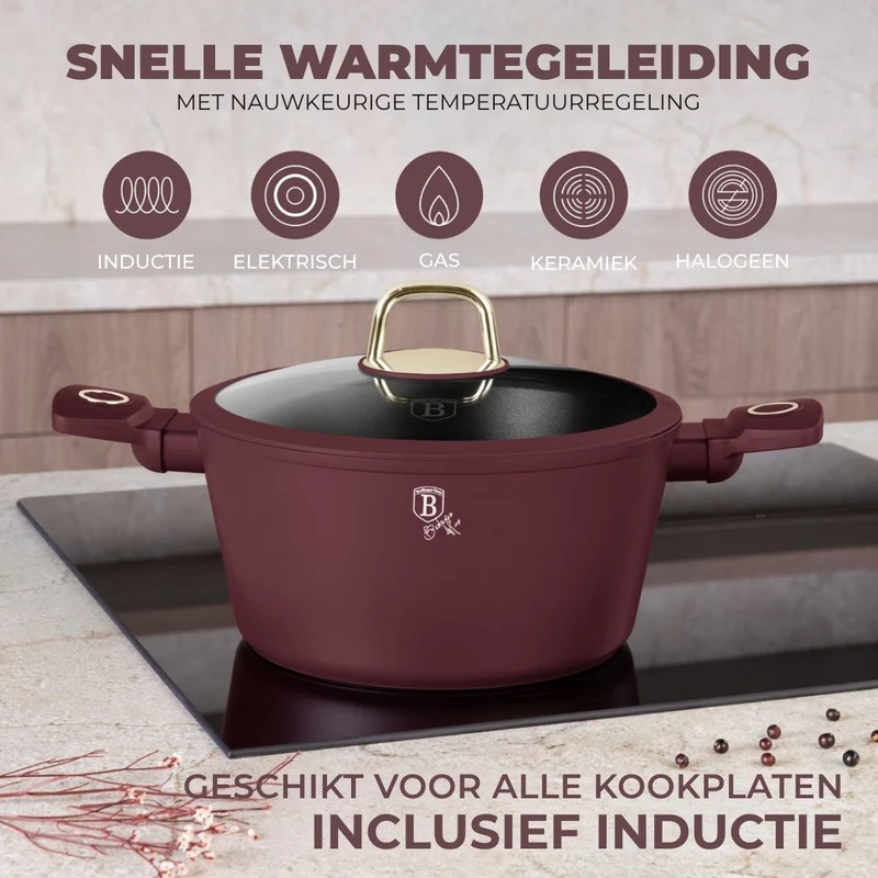 Ensemble de casseroles BerlingerHaus Mat Bordeaux 11 pièces - Casserole ø 20, 24, 28 cm, Poêle ø 24, 28 cm & Casserole ø 16 cm - compatible avec toutes les plaques de cuisson