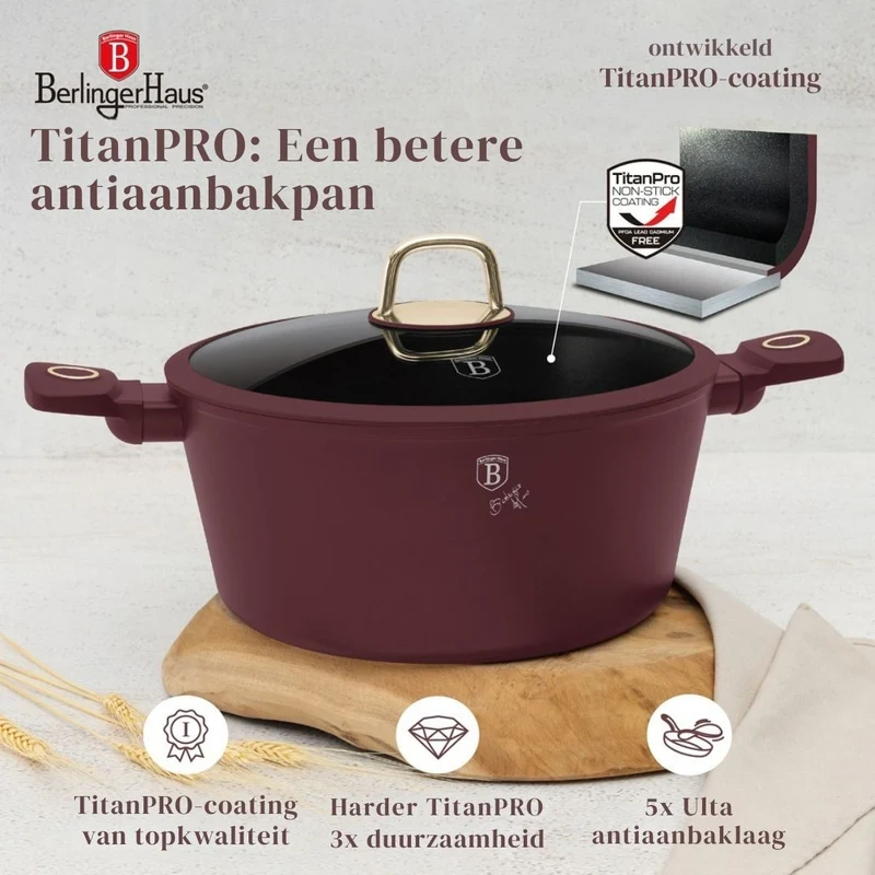 Ensemble de casseroles BerlingerHaus Mat Bordeaux 11 pièces - Casserole ø 20, 24, 28 cm, Poêle ø 24, 28 cm & Casserole ø 16 cm - compatible avec toutes les plaques de cuisson