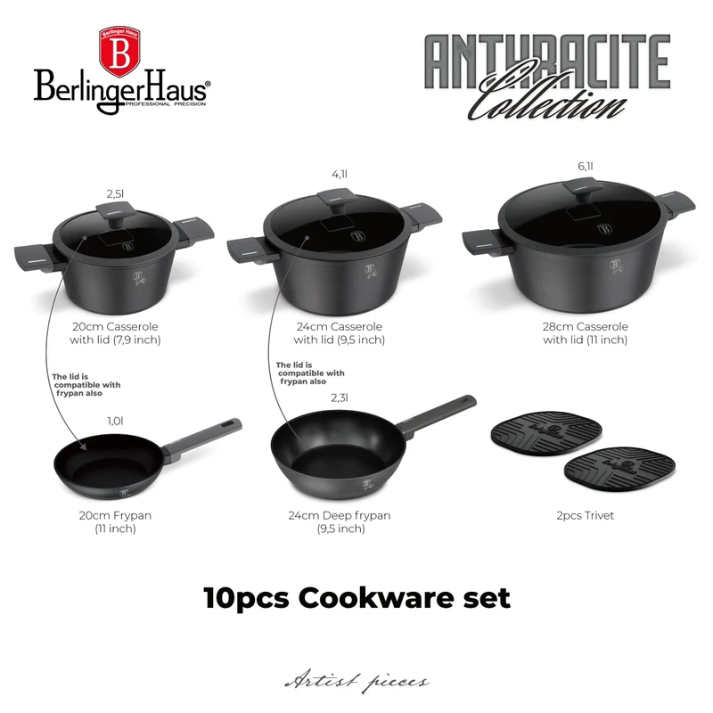 Ensemble de casseroles BerlingerHaus Mat Anthracite 7 pièces - Casserole ø 20, 24, 28 cm, Poêle ø 20 & 24 cm - compatible avec toutes les sources de chaleur