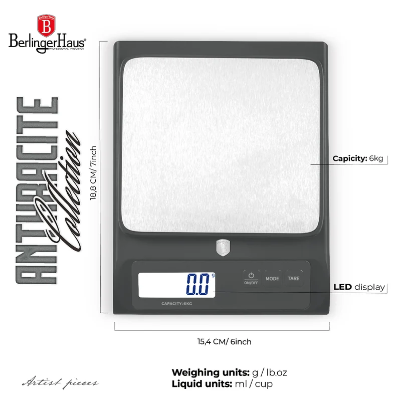 Balance de cuisine numérique BerlingerHaus anthracite - Capacité maximale de 6 kg