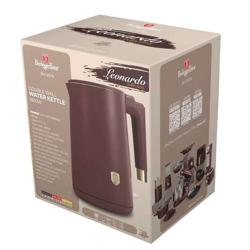 Bouilloire Électrique BerlingerHaus Double Paroi Mat Bordeaux - 1,7 L - 1800W