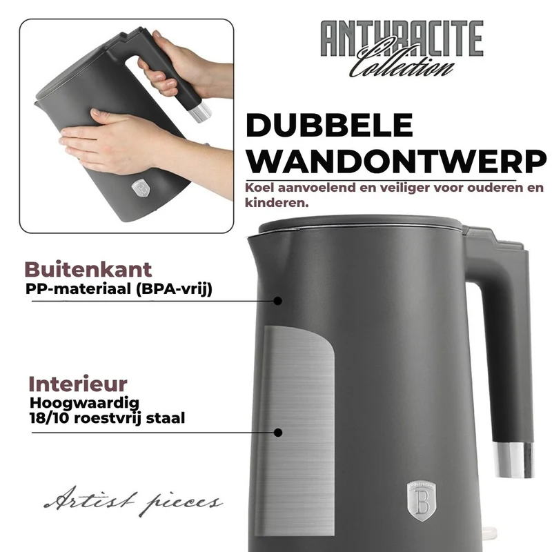 Bouilloire Électrique BerlingerHaus Double Paroi Mat Anthracite - 1,7 L - 1800W