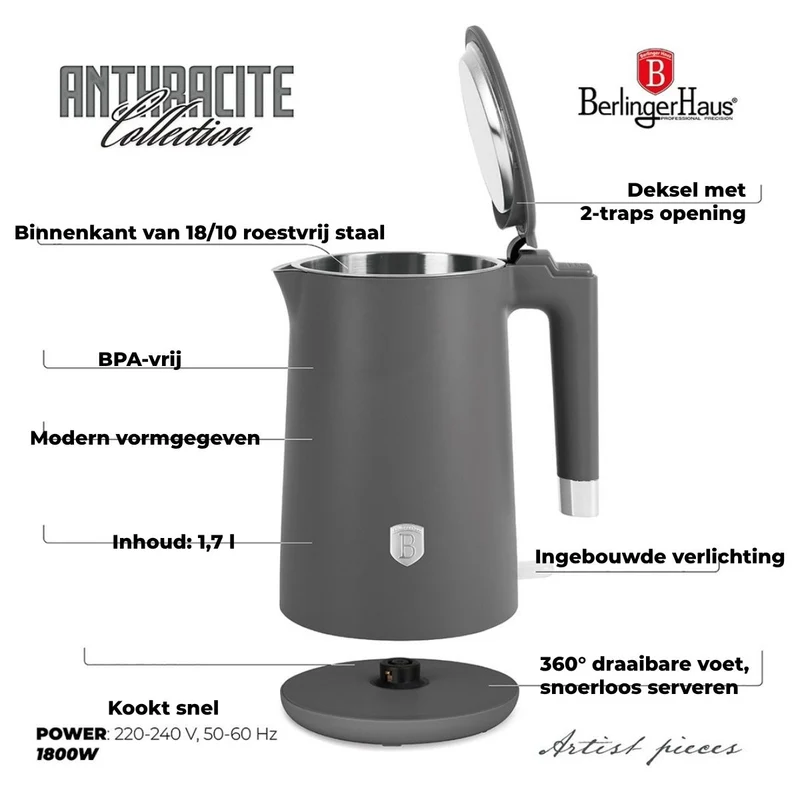 Bouilloire Électrique BerlingerHaus Double Paroi Mat Anthracite - 1,7 L - 1800W
