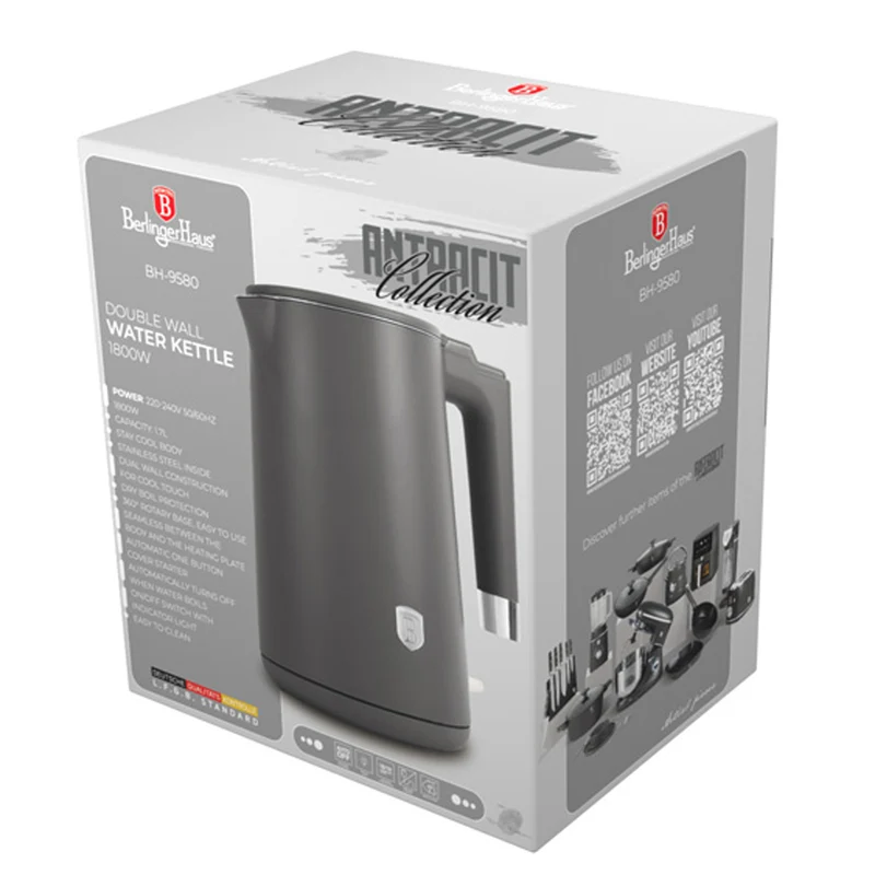 Bouilloire Électrique BerlingerHaus Double Paroi Mat Anthracite - 1,7 L - 1800W