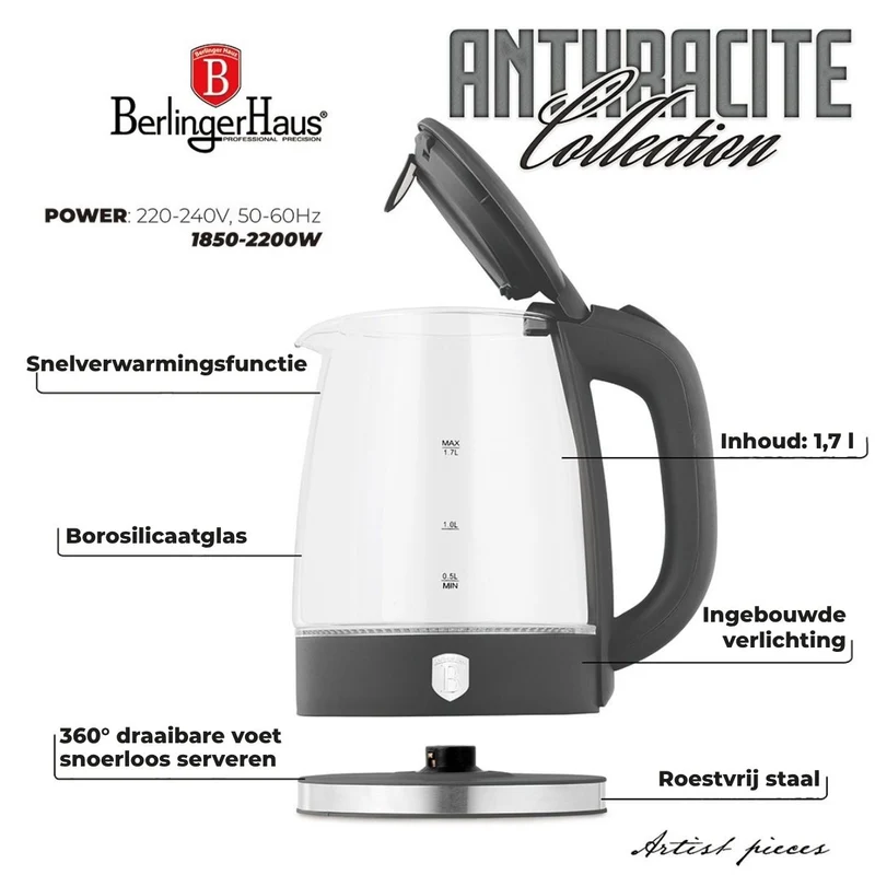 Bouilloire Électrique BerlingerHaus en verre mat anthracite - 1,7 litre - 2200W