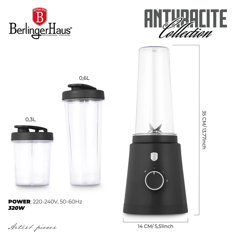 Mini Blender à Smoothie To Go BerlingerHaus Mat Anthracite - Inclut 2 Gobelets - 320W