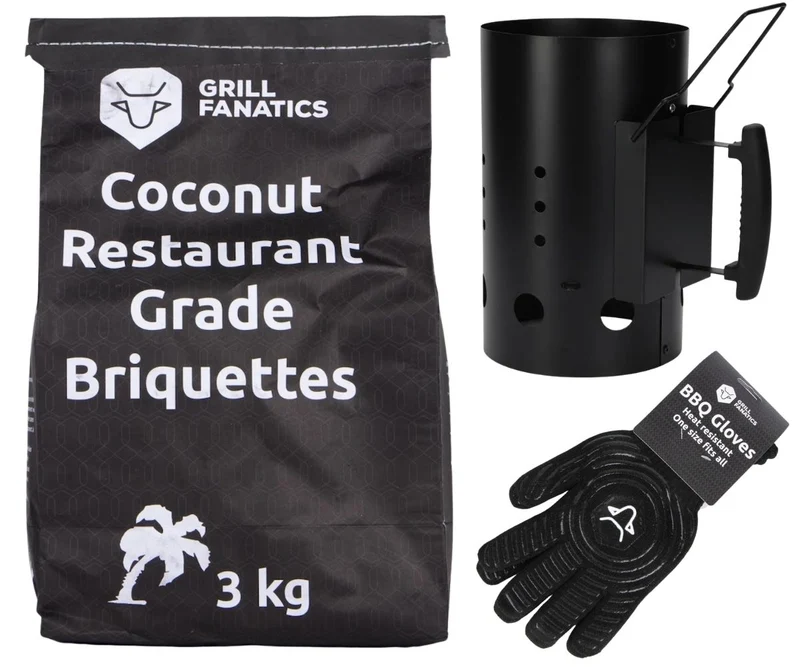 Cookinglife Brikettenstarter Set BBQ - Avec 3 kg de briquettes en noix de coco et des gants