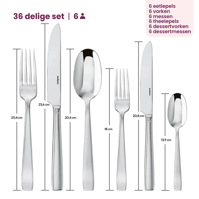Ensemble de couverts Sambonet Flat en acier inoxydable de 36 pièces.