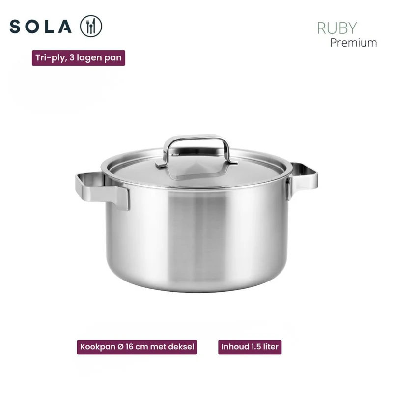 Batterie de cuisine Sola Ruby 7 pièces Premium Triply Inox - Casserole ø 16, 18, 20 et 24 cm et Casserole ø 16 cm & BEKA Poêles Pro Induc ø 24 & 28 cm