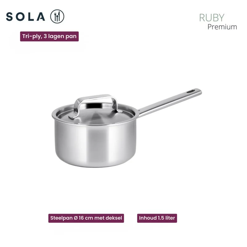 Batterie de cuisine Sola Ruby 7 pièces Premium Triply Inox - Casserole ø 16, 18, 20 et 24 cm et Casserole ø 16 cm & BEKA Poêles Pro Induc ø 24 & 28 cm