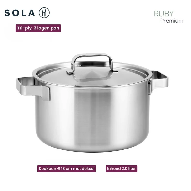 Batterie de cuisine Sola Ruby 7 pièces Premium Triply Inox - Casserole ø 16, 18, 20 et 24 cm et Casserole ø 16 cm & BEKA Poêles Pro Induc ø 24 & 28 cm