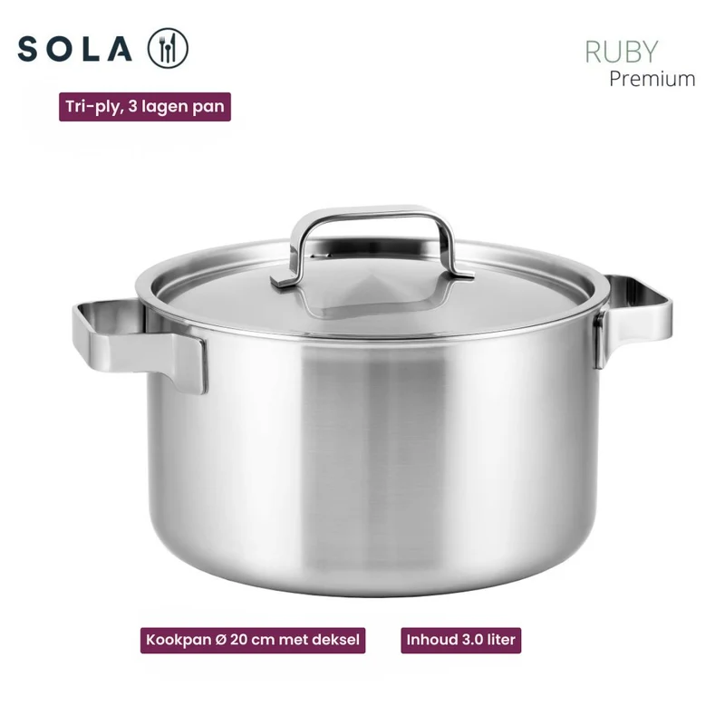 Batterie de cuisine Sola Ruby 7 pièces Premium Triply Inox - Casserole ø 16, 18, 20 et 24 cm et Casserole ø 16 cm & BEKA Poêles Pro Induc ø 24 & 28 cm