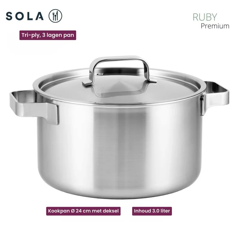 Batterie de cuisine Sola Ruby 7 pièces Premium Triply Inox - Casserole ø 16, 18, 20 et 24 cm et Casserole ø 16 cm & BEKA Poêles Pro Induc ø 24 & 28 cm