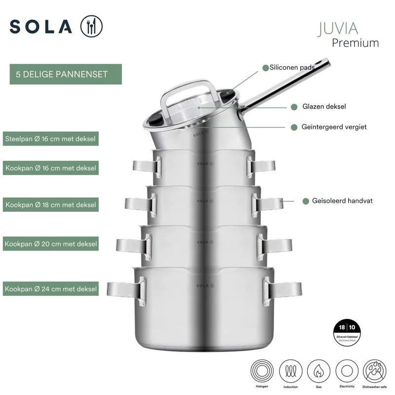 Ensemble de casseroles Sola - Induction - Juvia - Ø 16/18/20/24 cm - 5 pièces