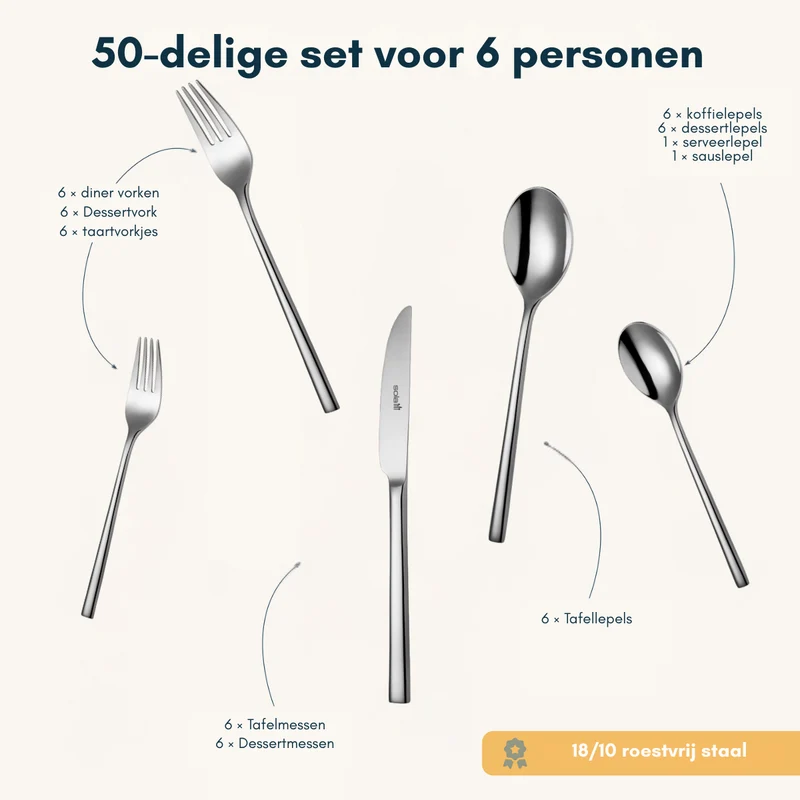 Ensemble de couverts Sola - en inox 18/10 - Montreux - 6 personnes - 50 pièces