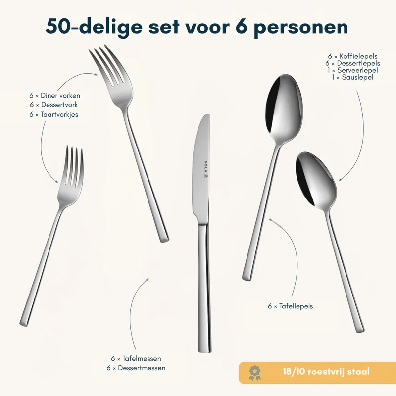 Set de couverts Sola - Acier inoxydable 18/10 - Luxor - 6 personnes - 50 pièces