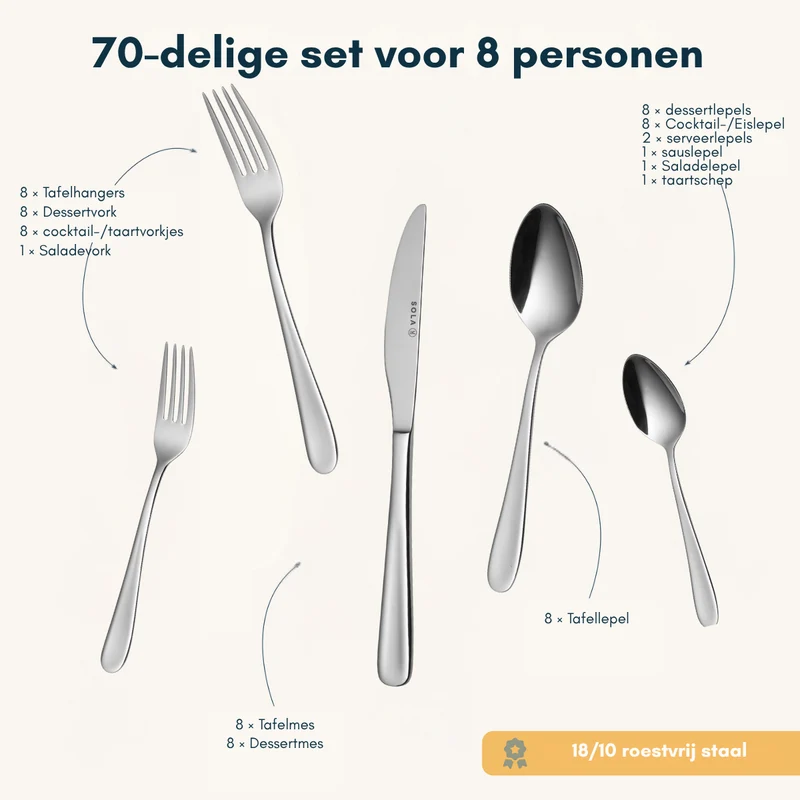 Set de couverts Sola - Couverts en inox - Florence - 8 personnes - 70 pièces