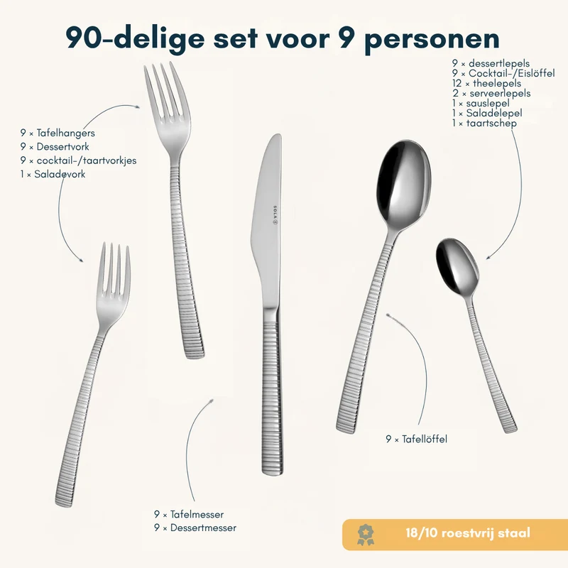 Ensemble de couverts Sola - En inox 18/10 - Bali - 9 personnes - 90 pièces
