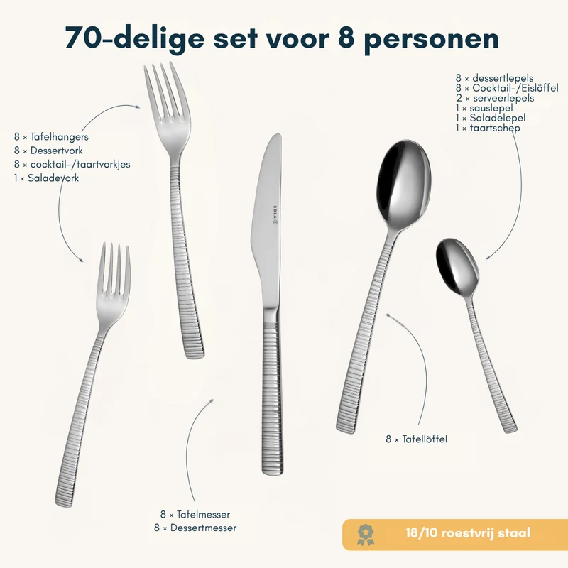 Ensemble de couverts Sola - en inox 18/10 - Bali - 8 personnes - 70 pièces